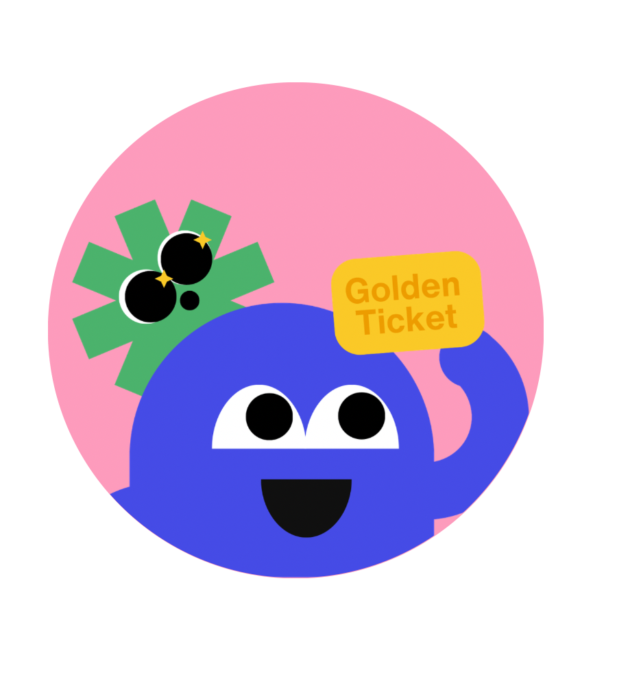 Excited character holding a golden ticket, representing the free trial offer