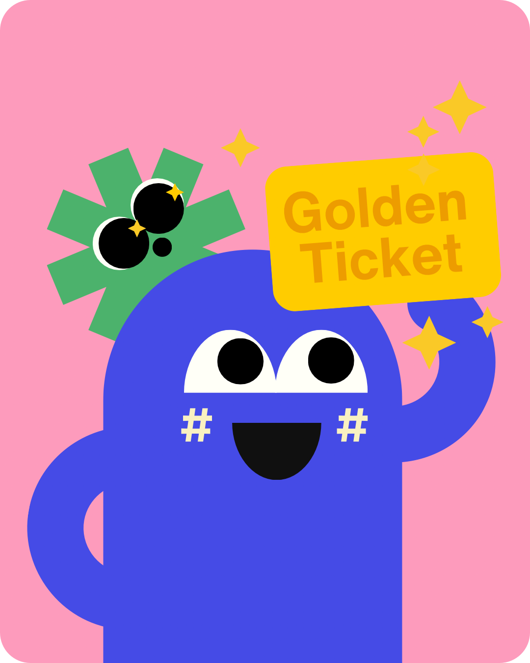 Excited character holding a golden ticket, representing the free trial offer
